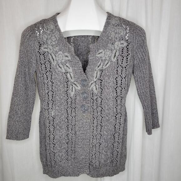 DKNY Jeans Gray 3/4 Sleeve Cardigan Sweater with Floral Detail, M - Picture 1 of 8